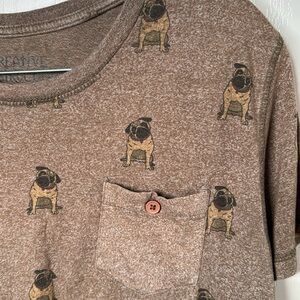Pug T Shirt Creative Destruction Men's XL Brown Dog Print All Over pocket